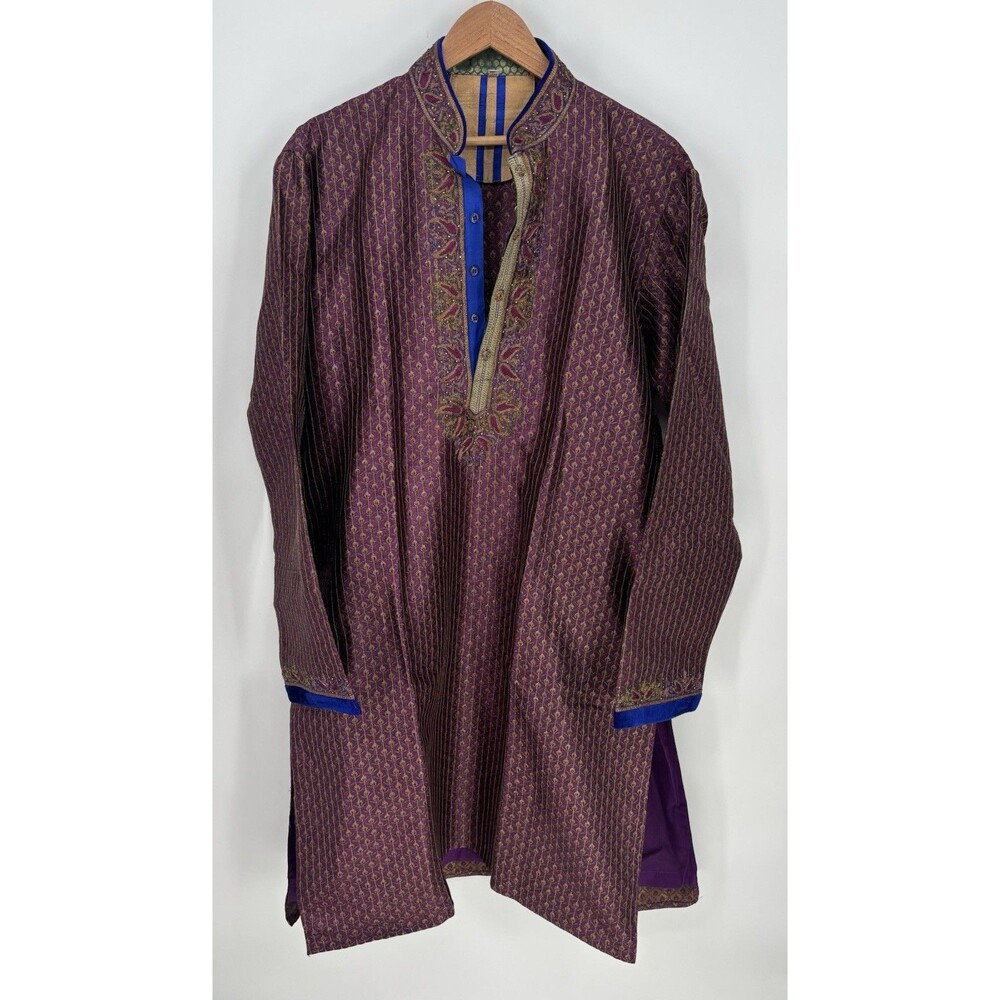 Men’s Indian Sherwani Kurta Size 44 Purple Gold Embroidered Brocade Wedding